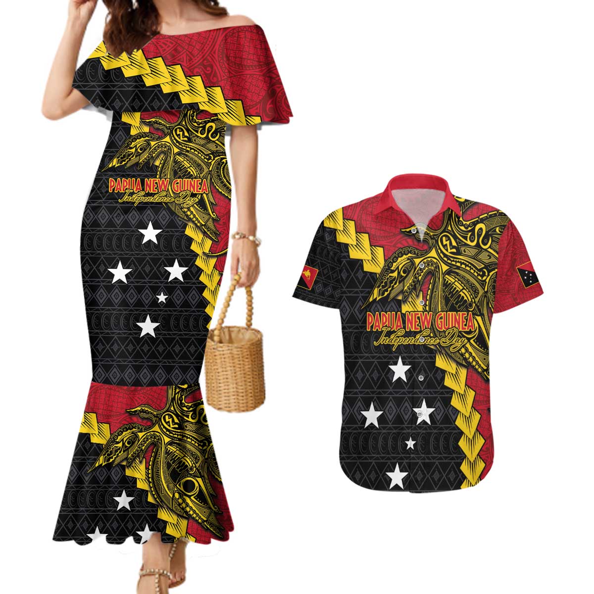 Papua New Guinea Independence Day Couples Matching Mermaid Dress and Hawaiian Shirt Bird-of-paradise Melanesian Tattoo LT03 Red - Polynesian Pride