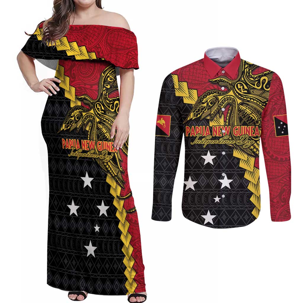 Papua New Guinea Independence Day Couples Matching Off Shoulder Maxi Dress and Long Sleeve Button Shirt Bird-of-paradise Melanesian Tattoo LT03 Red - Polynesian Pride