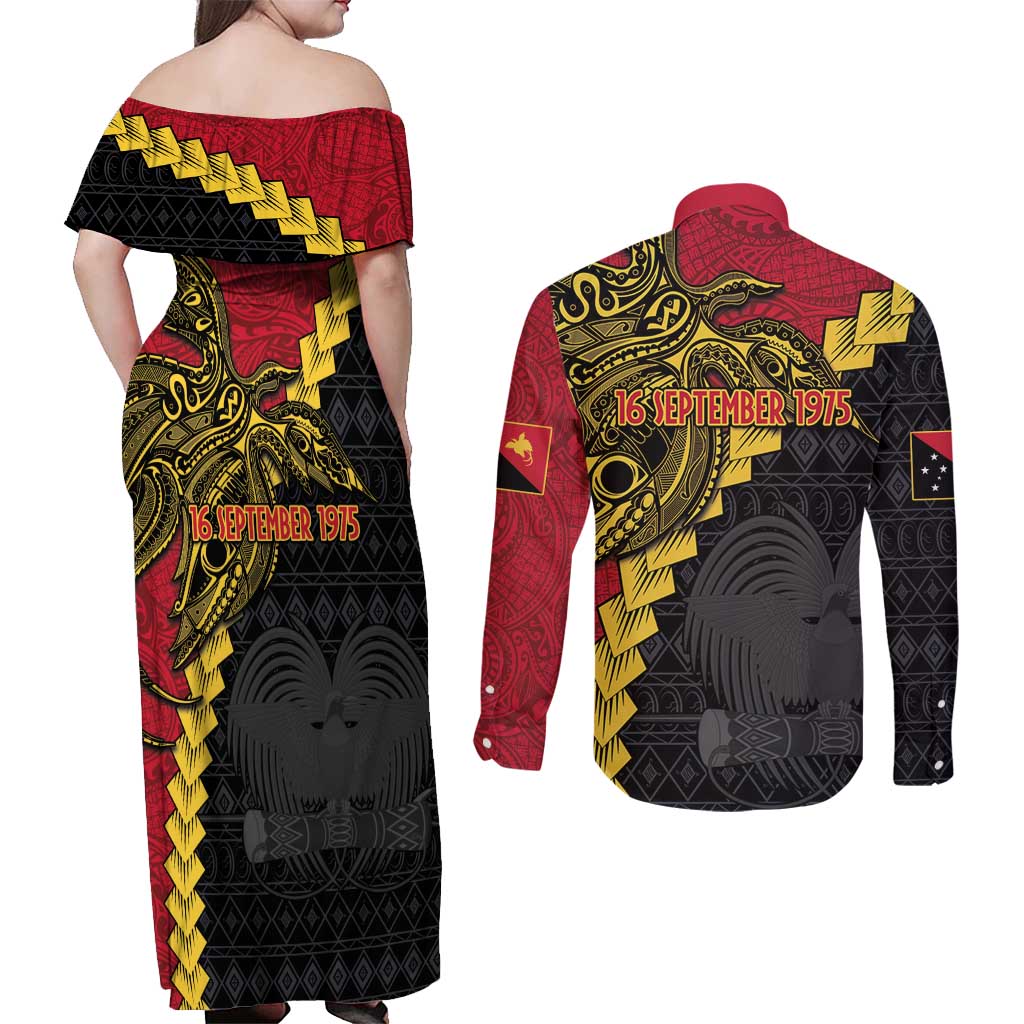 Papua New Guinea Independence Day Couples Matching Off Shoulder Maxi Dress and Long Sleeve Button Shirt Bird-of-paradise Melanesian Tattoo LT03 - Polynesian Pride