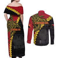 Papua New Guinea Independence Day Couples Matching Off Shoulder Maxi Dress and Long Sleeve Button Shirt Bird-of-paradise Melanesian Tattoo LT03 - Polynesian Pride