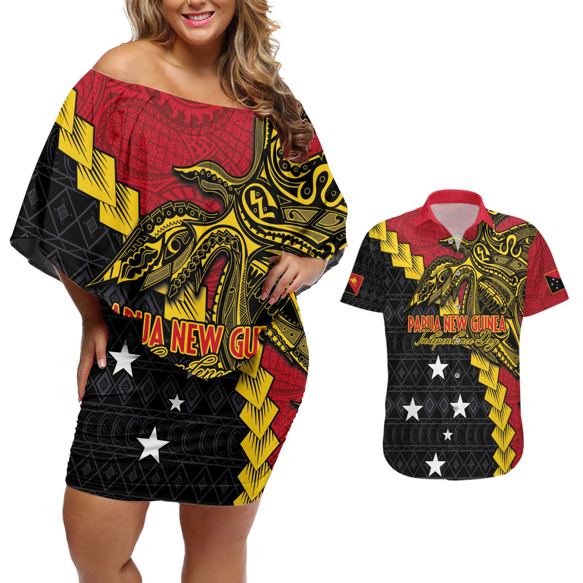 Papua New Guinea Independence Day Couples Matching Off Shoulder Short Dress and Hawaiian Shirt Bird-of-paradise Melanesian Tattoo LT03 Red - Polynesian Pride
