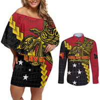 Papua New Guinea Independence Day Couples Matching Off Shoulder Short Dress and Long Sleeve Button Shirt Bird-of-paradise Melanesian Tattoo LT03 Red - Polynesian Pride