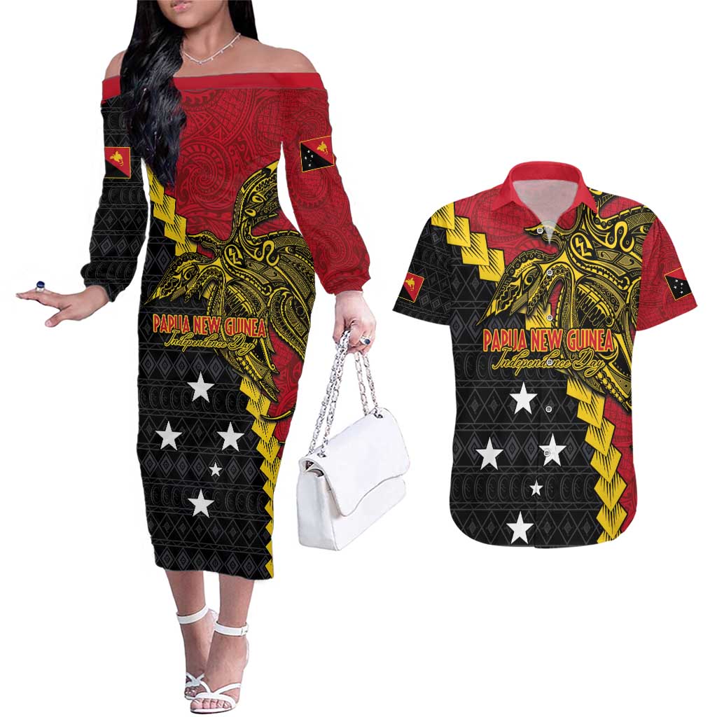 Papua New Guinea Independence Day Couples Matching Off The Shoulder Long Sleeve Dress and Hawaiian Shirt Bird-of-paradise Melanesian Tattoo