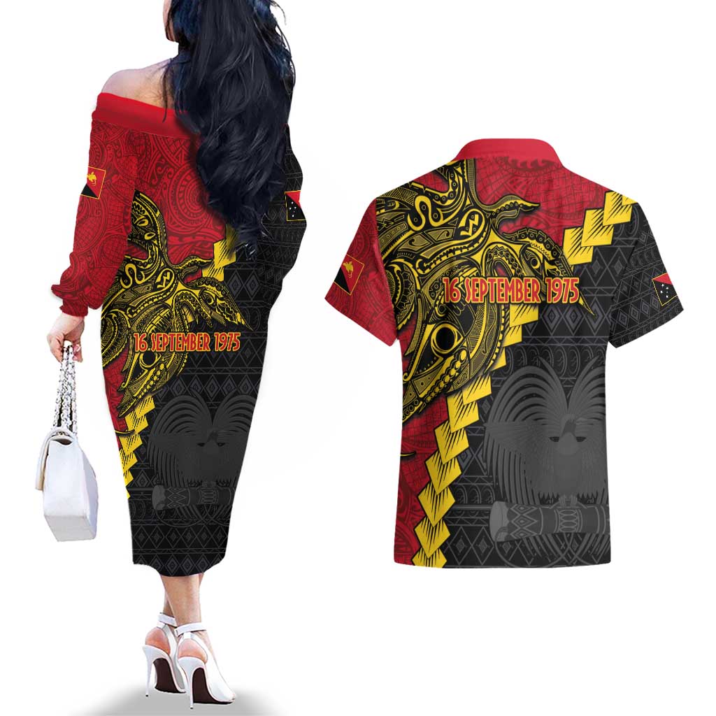 Papua New Guinea Independence Day Couples Matching Off The Shoulder Long Sleeve Dress and Hawaiian Shirt Bird-of-paradise Melanesian Tattoo LT03 - Polynesian Pride