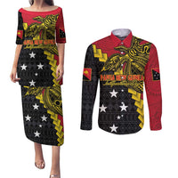 Papua New Guinea Independence Day Couples Matching Puletasi and Long Sleeve Button Shirt Bird-of-paradise Melanesian Tattoo LT03 Red - Polynesian Pride