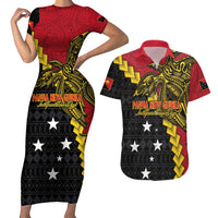 Papua New Guinea Independence Day Couples Matching Short Sleeve Bodycon Dress and Hawaiian Shirt Bird-of-paradise Melanesian Tattoo LT03 Red - Polynesian Pride