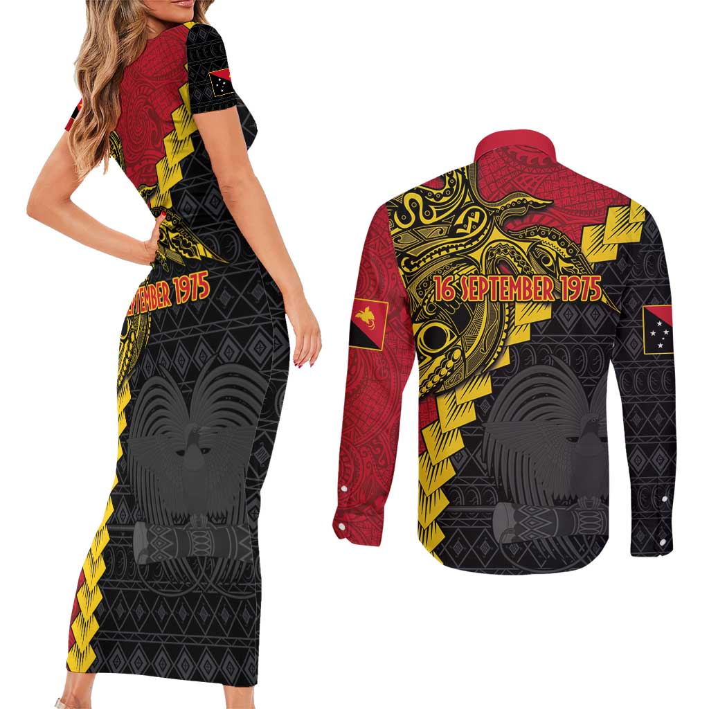 Papua New Guinea Independence Day Couples Matching Short Sleeve Bodycon Dress and Long Sleeve Button Shirt Bird-of-paradise Melanesian Tattoo LT03 - Polynesian Pride