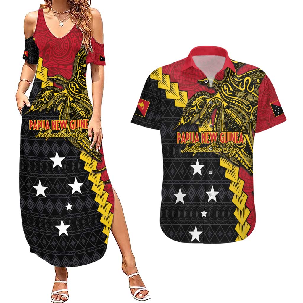 Papua New Guinea Independence Day Couples Matching Summer Maxi Dress and Hawaiian Shirt Bird-of-paradise Melanesian Tattoo LT03 Red - Polynesian Pride