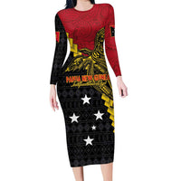 Papua New Guinea Independence Day Family Matching Long Sleeve Bodycon Dress and Hawaiian Shirt Bird-of-paradise Melanesian Tattoo LT03 Mom's Dress Red - Polynesian Pride