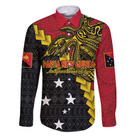Papua New Guinea Independence Day Family Matching Off The Shoulder Long Sleeve Dress and Hawaiian Shirt Bird-of-paradise Melanesian Tattoo LT03 Dad's Shirt - Long Sleeve Red - Polynesian Pride