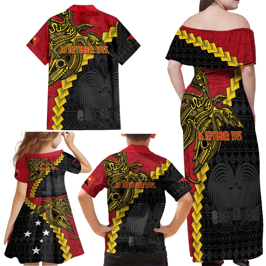 Papua New Guinea Independence Day Family Matching Off Shoulder Maxi Dress and Hawaiian Shirt Bird-of-paradise Melanesian Tattoo LT03 - Polynesian Pride
