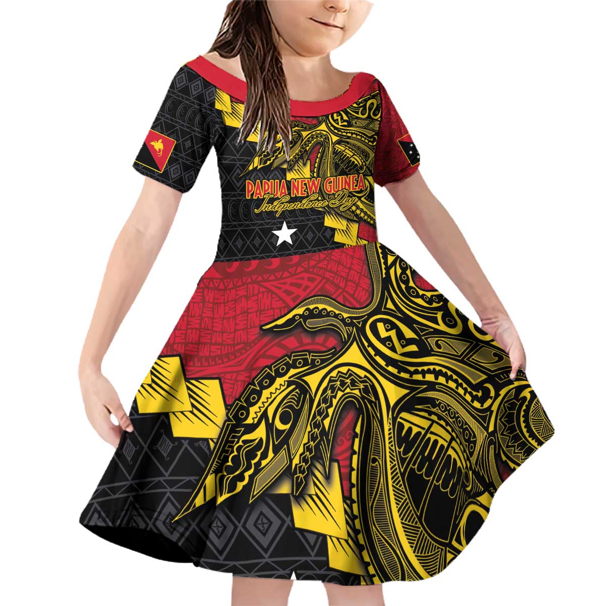 Papua New Guinea Independence Day Family Matching Off Shoulder Short Dress and Hawaiian Shirt Bird-of-paradise Melanesian Tattoo LT03 Daughter's Dress Red - Polynesian Pride