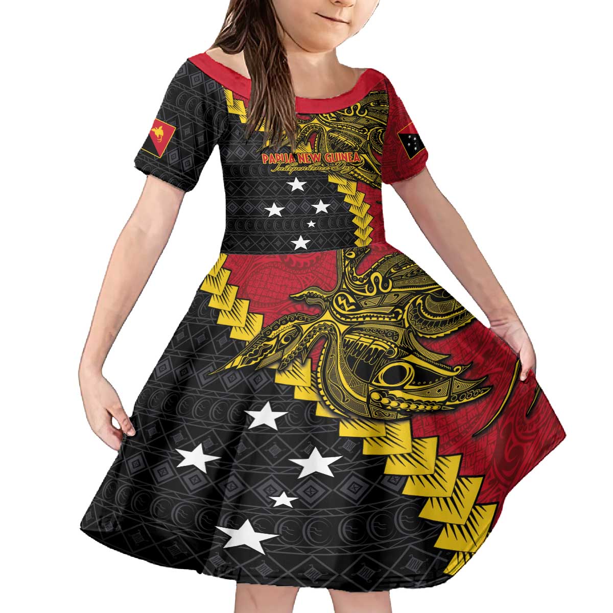 Papua New Guinea Independence Day Family Matching Puletasi and Hawaiian Shirt Bird-of-paradise Melanesian Tattoo LT03 Daughter's Dress Red - Polynesian Pride