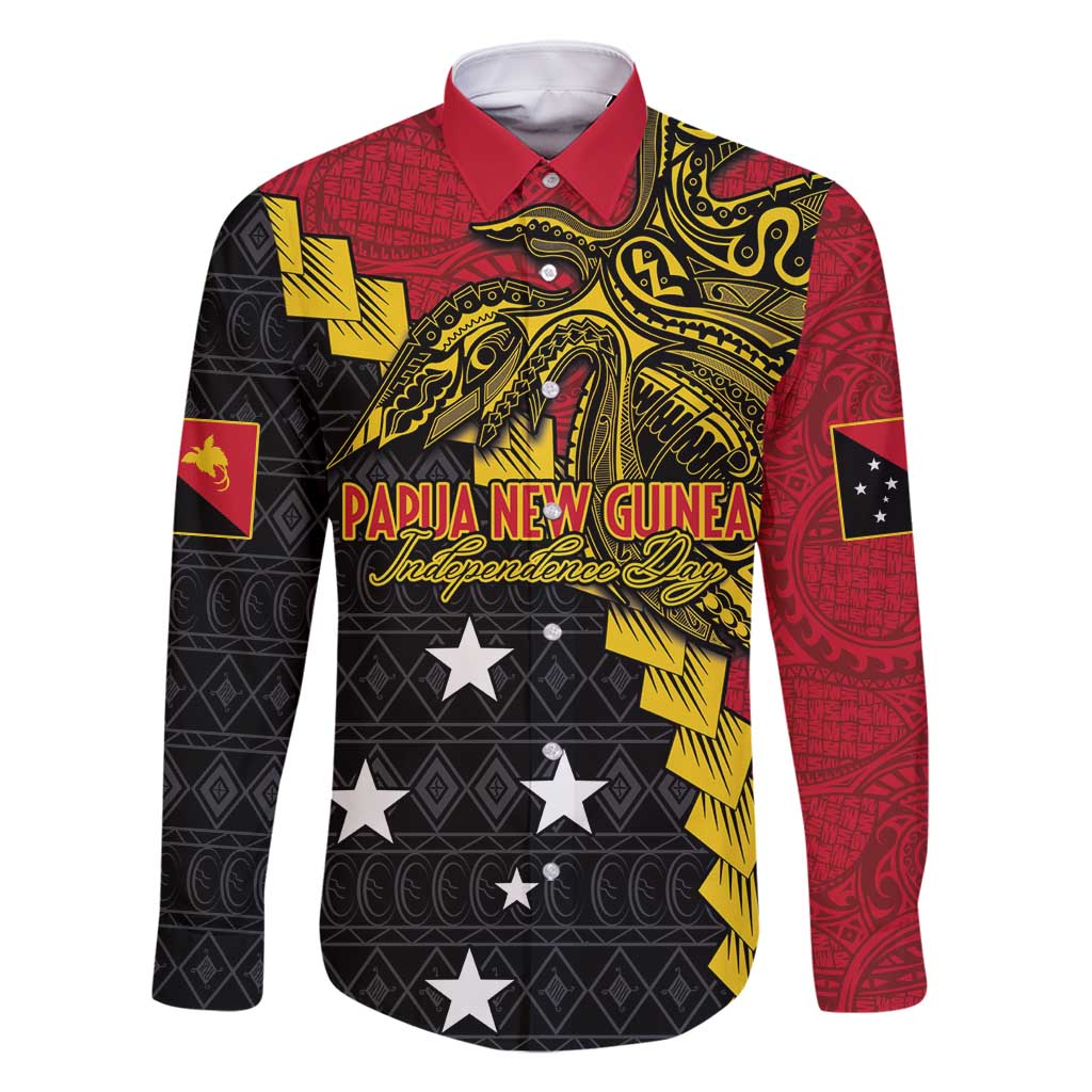 Papua New Guinea Independence Day Family Matching Summer Maxi Dress and Hawaiian Shirt Bird-of-paradise Melanesian Tattoo LT03 Dad's Shirt - Long Sleeve Red - Polynesian Pride