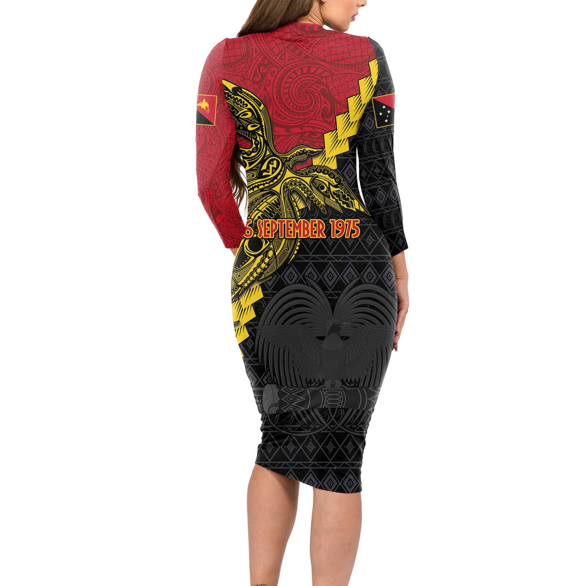 Papua New Guinea Independence Day Long Sleeve Bodycon Dress Bird-of-paradise Melanesian Tattoo LT03 - Polynesian Pride