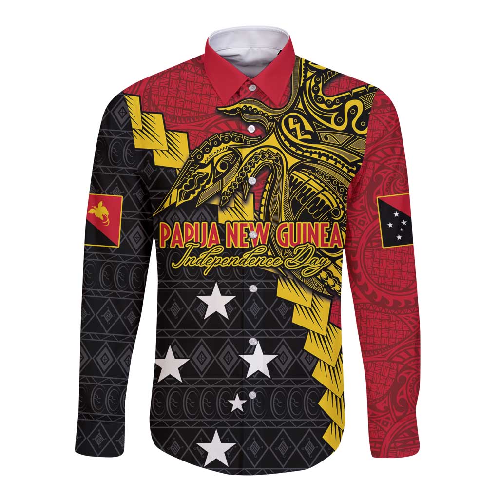 Papua New Guinea Independence Day Long Sleeve Button Shirt Bird-of-paradise Melanesian Tattoo LT03 Unisex Red - Polynesian Pride