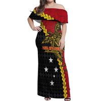 Papua New Guinea Independence Day Off Shoulder Maxi Dress Bird-of-paradise Melanesian Tattoo LT03 Women Red - Polynesian Pride