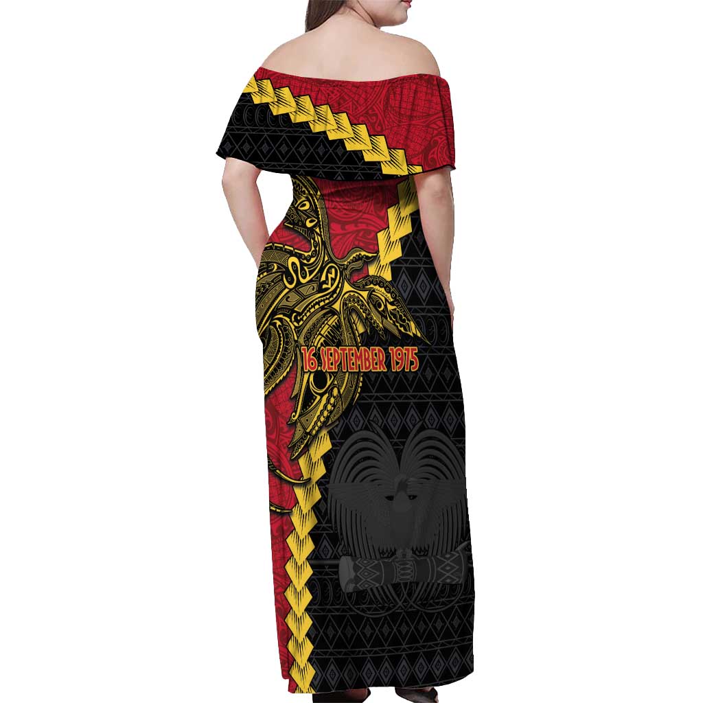 Papua New Guinea Independence Day Off Shoulder Maxi Dress Bird-of-paradise Melanesian Tattoo LT03 - Polynesian Pride