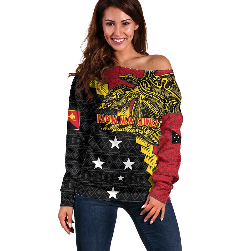 Papua New Guinea Independence Day Off Shoulder Sweater Bird-of-paradise Melanesian Tattoo LT03 Women Red - Polynesian Pride