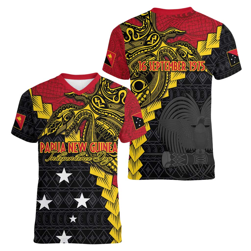 Papua New Guinea Independence Day Women V-Neck T-Shirt Bird-of-paradise Melanesian Tattoo LT03 - Polynesian Pride