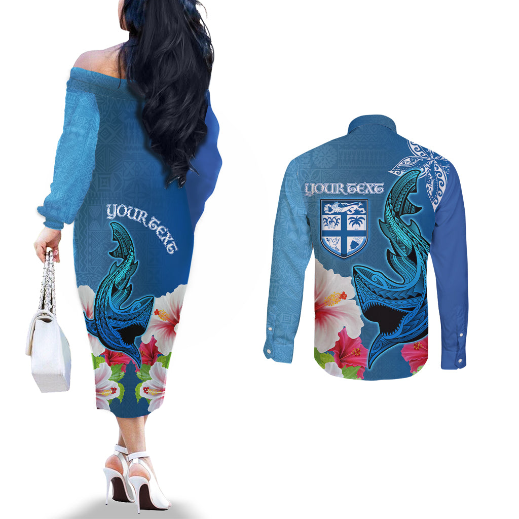 Custom Polynesian Fiji Couples Matching Off The Shoulder Long Sleeve Dress and Long Sleeve Button Shirts Shark and Hibiscus Tapa Pattern Blue Version LT03 - Polynesian Pride