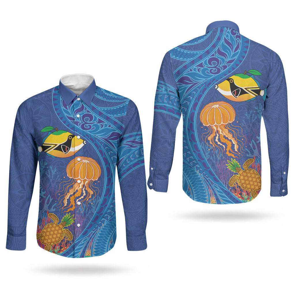 Hawaiian Funny Fruits Sea Animals Couples Matching Summer Maxi Dress and Long Sleeve Button Shirt Mango Reef Triggerfish and Pineapple Turtle and Mandarin Jellyfish LT03 - Polynesian Pride