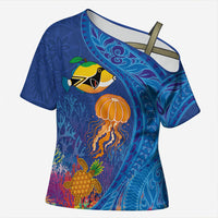 Hawaiian Funny Fruits Sea Animals Cross Shoulder Shirt Mango Reef Triggerfish and Pineapple Turtle and Mandarin Jellyfish LT03 Female Blue - Polynesian Pride
