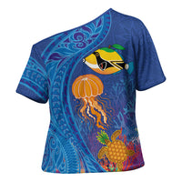 Hawaiian Funny Fruits Sea Animals Cross Shoulder Shirt Mango Reef Triggerfish and Pineapple Turtle and Mandarin Jellyfish LT03 - Polynesian Pride