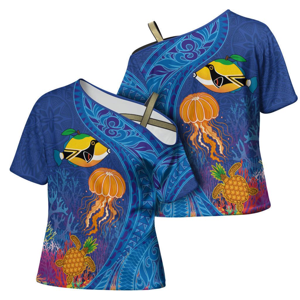 Hawaiian Funny Fruits Sea Animals Cross Shoulder Shirt Mango Reef Triggerfish and Pineapple Turtle and Mandarin Jellyfish LT03 - Polynesian Pride