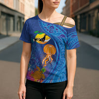 Hawaiian Funny Fruits Sea Animals Cross Shoulder Shirt Mango Reef Triggerfish and Pineapple Turtle and Mandarin Jellyfish LT03 - Polynesian Pride