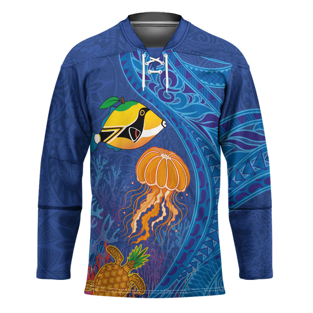 Hawaiian Funny Fruits Sea Animals Hockey Jersey Mango Reef Triggerfish and Pineapple Turtle and Mandarin Jellyfish