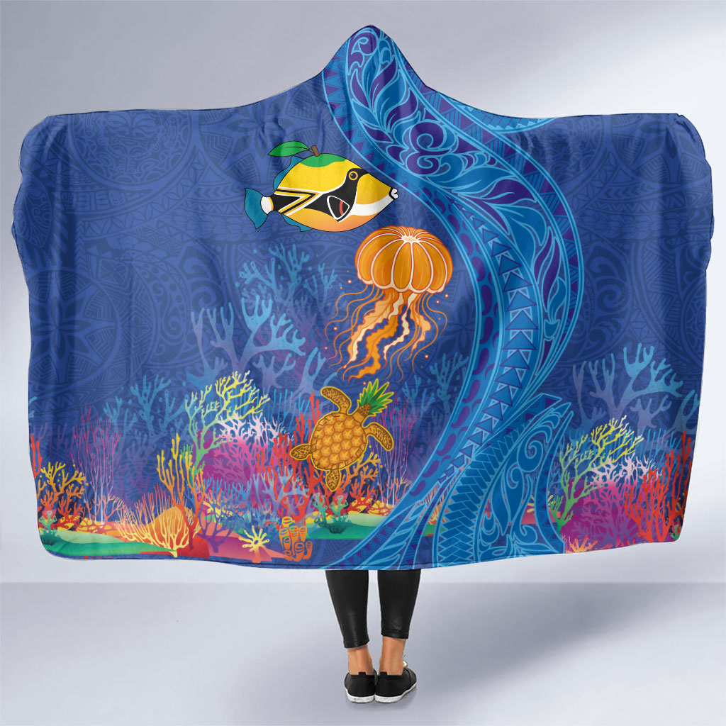 Hawaiian Funny Fruits Sea Animals Hooded Blanket Mango Reef Triggerfish and Pineapple Turtle and Mandarin Jellyfish