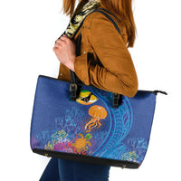 Hawaiian Funny Fruits Sea Animals Leather Tote Bag Mango Reef Triggerfish and Pineapple Turtle and Mandarin Jellyfish LT03 Blue - Polynesian Pride