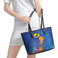 Hawaiian Funny Fruits Sea Animals Leather Tote Bag Mango Reef Triggerfish and Pineapple Turtle and Mandarin Jellyfish LT03 - Polynesian Pride