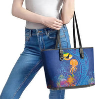 Hawaiian Funny Fruits Sea Animals Leather Tote Bag Mango Reef Triggerfish and Pineapple Turtle and Mandarin Jellyfish LT03 - Polynesian Pride
