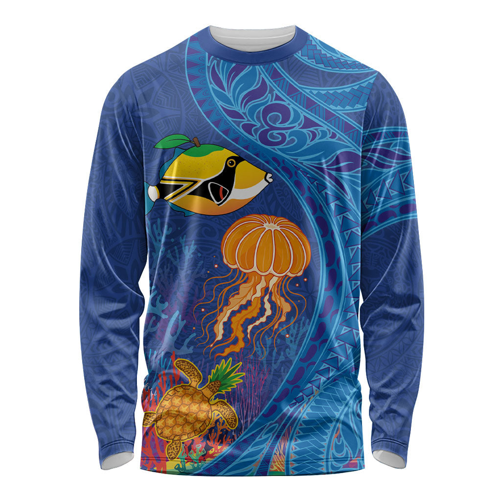 Hawaiian Funny Fruits Sea Animals Long Sleeve Shirt Mango Reef Triggerfish and Pineapple Turtle and Mandarin Jellyfish LT03 Unisex Blue - Polynesian Pride
