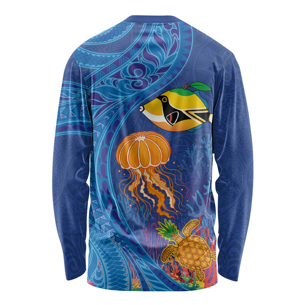 Hawaiian Funny Fruits Sea Animals Long Sleeve Shirt Mango Reef Triggerfish and Pineapple Turtle and Mandarin Jellyfish LT03 - Polynesian Pride