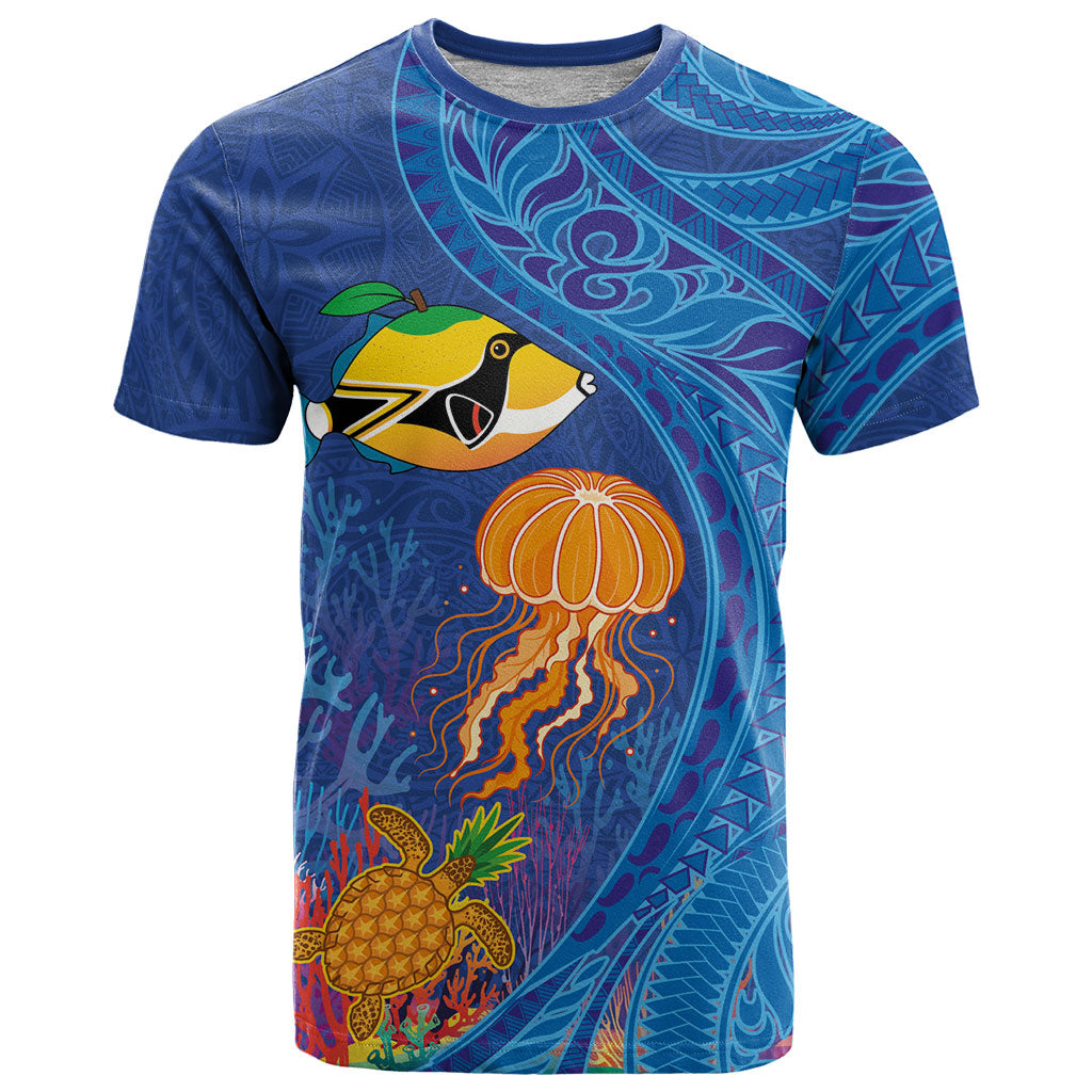 Hawaiian Funny Fruits Sea Animals T Shirt Mango Reef Triggerfish and Pineapple Turtle and Mandarin Jellyfish LT03 Blue - Polynesian Pride