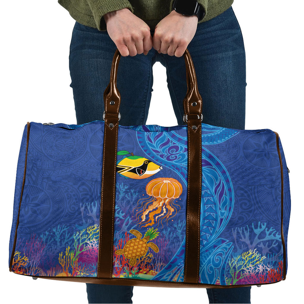 Hawaiian Funny Fruits Sea Animals Travel Bag Mango Reef Triggerfish and Pineapple Turtle and Mandarin Jellyfish LT03 Blue - Polynesian Pride