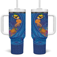 Hawaiian Funny Fruits Sea Animals Tumbler With Handle Mango Reef Triggerfish and Pineapple Turtle and Mandarin Jellyfish LT03 One Size: 40 oz Blue - Polynesian Pride