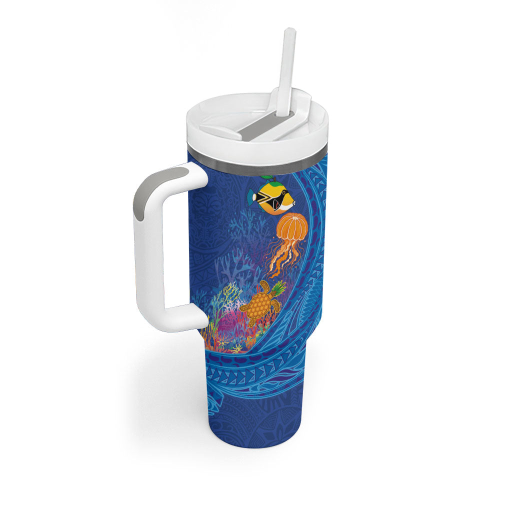 Hawaiian Funny Fruits Sea Animals Tumbler With Handle Mango Reef Triggerfish and Pineapple Turtle and Mandarin Jellyfish LT03 - Polynesian Pride