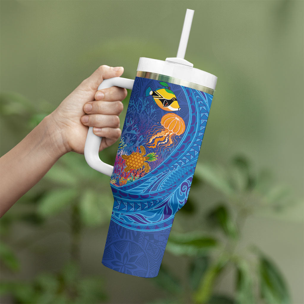 Hawaiian Funny Fruits Sea Animals Tumbler With Handle Mango Reef Triggerfish and Pineapple Turtle and Mandarin Jellyfish LT03 - Polynesian Pride