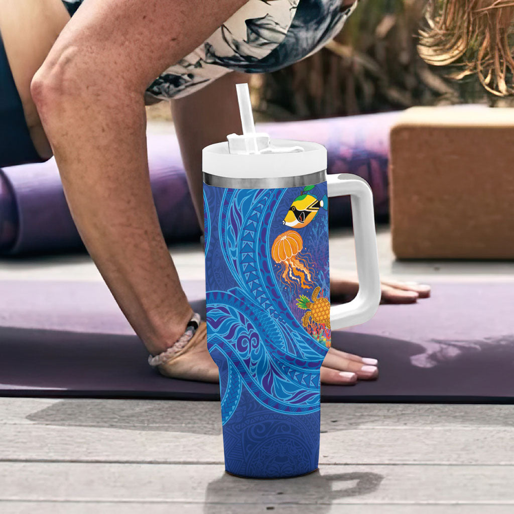 Hawaiian Funny Fruits Sea Animals Tumbler With Handle Mango Reef Triggerfish and Pineapple Turtle and Mandarin Jellyfish LT03 - Polynesian Pride