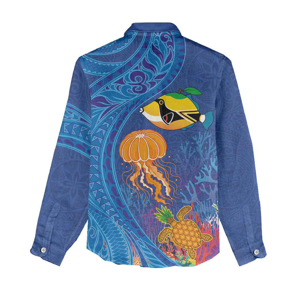 Hawaiian Funny Fruits Sea Animals Women Casual Shirt Mango Reef Triggerfish and Pineapple Turtle and Mandarin Jellyfish LT03 - Polynesian Pride