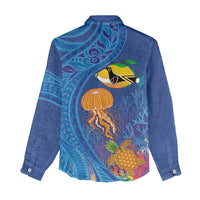 Hawaiian Funny Fruits Sea Animals Women Casual Shirt Mango Reef Triggerfish and Pineapple Turtle and Mandarin Jellyfish LT03 - Polynesian Pride