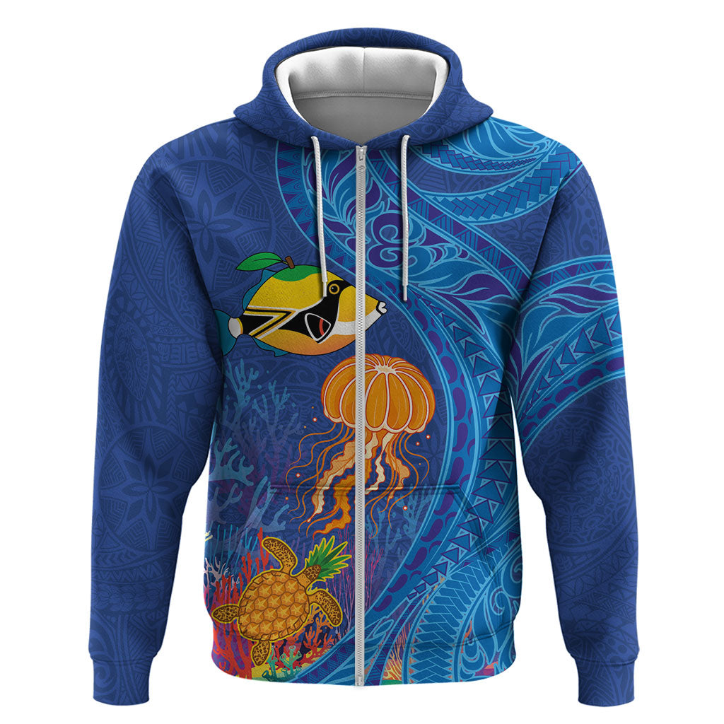 Hawaiian Funny Fruits Sea Animals Zip Hoodie Mango Reef Triggerfish and Pineapple Turtle and Mandarin Jellyfish