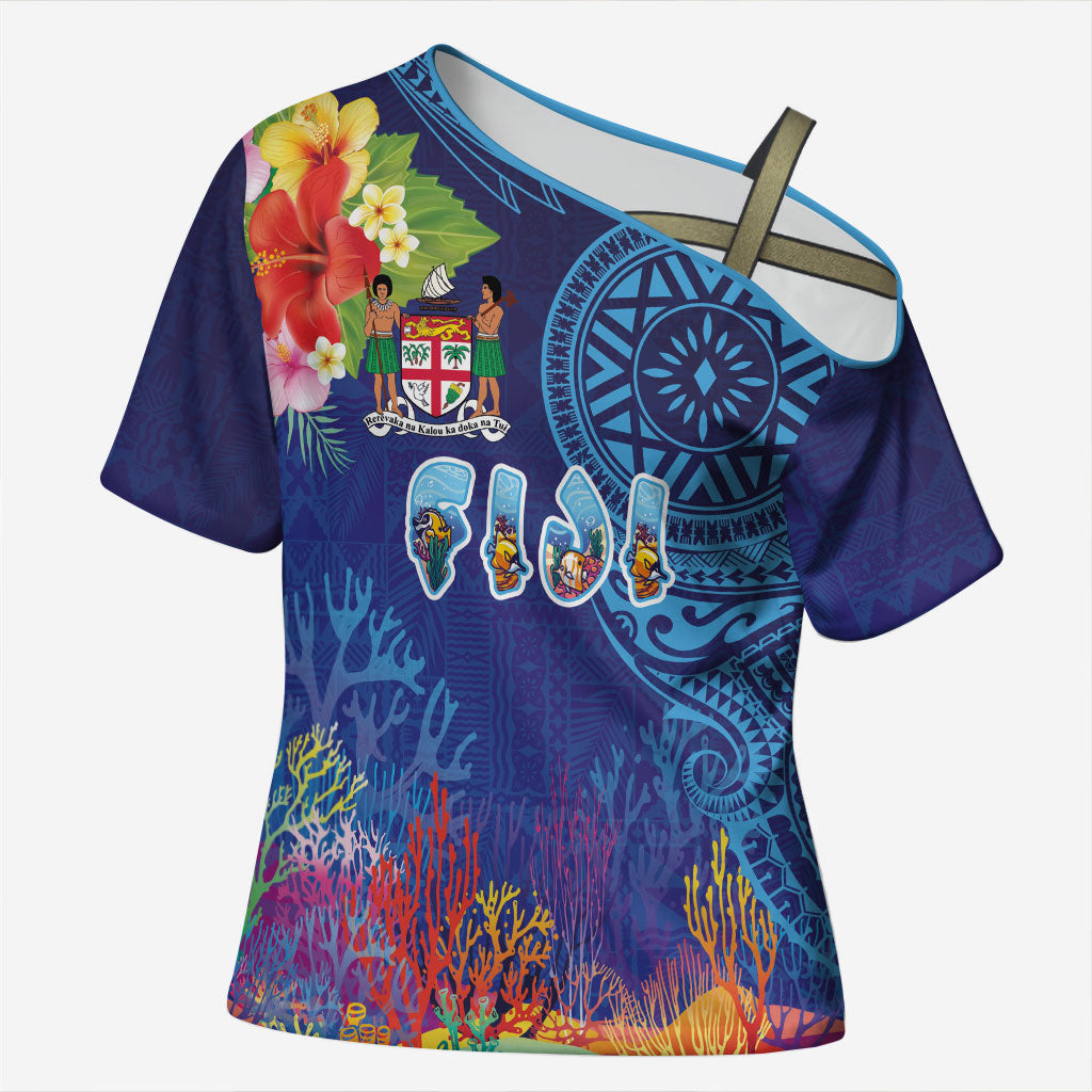 Fiji Day Cross Shoulder Shirt Coral Reef with Tapa Motifs and Hibiscus Ocean Vibe LT03 Female Blue - Polynesian Pride