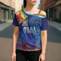 Fiji Day Cross Shoulder Shirt Coral Reef with Tapa Motifs and Hibiscus Ocean Vibe LT03 - Polynesian Pride