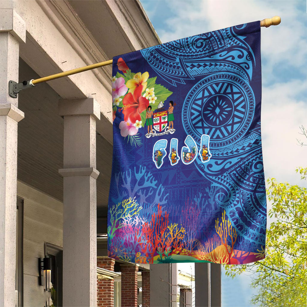 Fiji Day Garden Flag Coral Reef with Tapa Motifs and Hibiscus Ocean Vibe LT03 House Flag Blue - Polynesian Pride