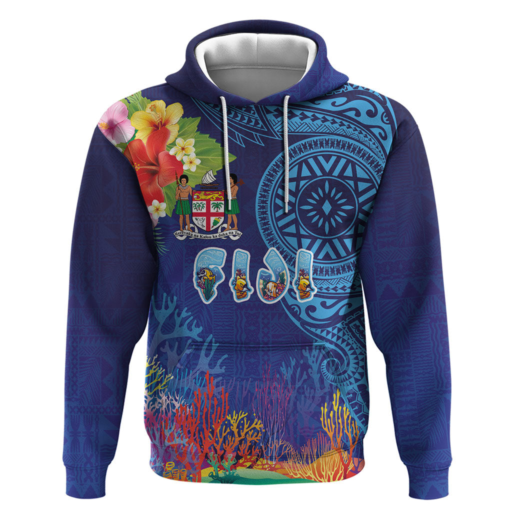 Fiji Day Hoodie Coral Reef with Tapa Motifs and Hibiscus Ocean Vibe LT03 Pullover Hoodie Blue - Polynesian Pride